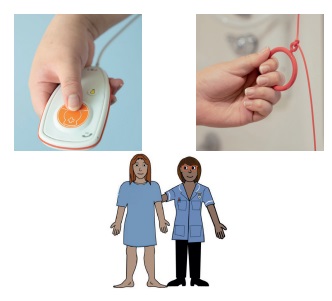 Two photos of different call bells with an image of a nurse and patient standing side by side.