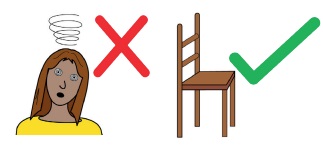 A person with a spiral over their head to show they are dizzy next to a big red cross. A chair with a big green tick.