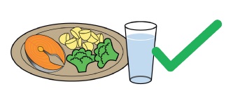A plate of food and a glass of water next to a big green tick.