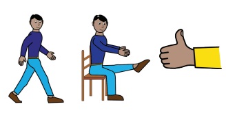 A person walking and a person doing chair exercises next to a thumbs-up.