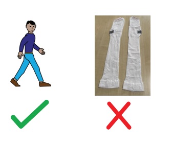 A person walking with a tick next to them and a photo of surgical stockings with a cross next to them.