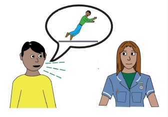 A person talking to a nurse. The speech bubble has an image of a person falling over.