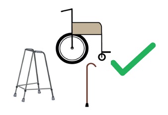 A wheelchair, walking frame and walking stick next to a green tick.