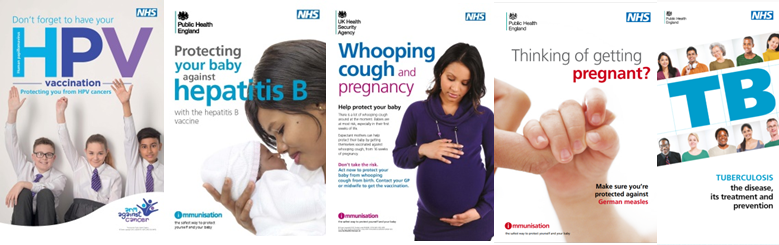 Five leaflets side by side that provide information on vaccination and immunisation