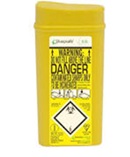 Yellow sharps bin for disposing of needles