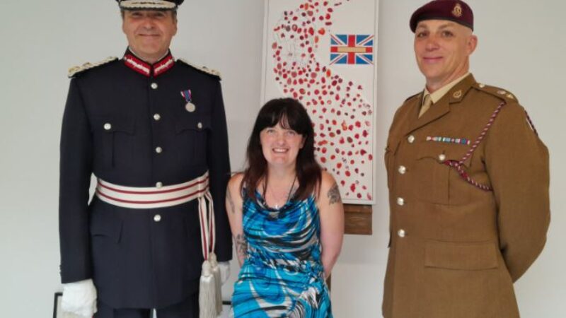 Pictured: from left to right: Lord-Lieutenant of East Sussex, Andrew Blackman, Kirsty Chapman (artist) and Lt Col Benjamin Caesar.
