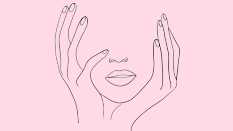 Drawing of woman holding head in hands